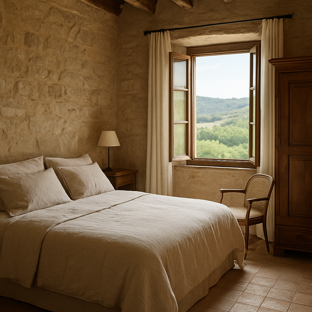 Rustige kamer met linnen beddengoed en natuurlijke materialen bij Hotel Borgo Panicaglia
